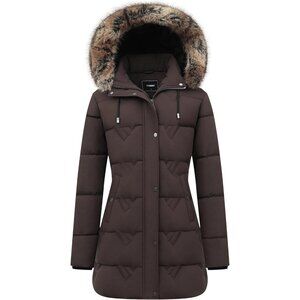 Women's Khakhi Waterproof Winter Coat, Long Insulated Parka with Detachable Hood